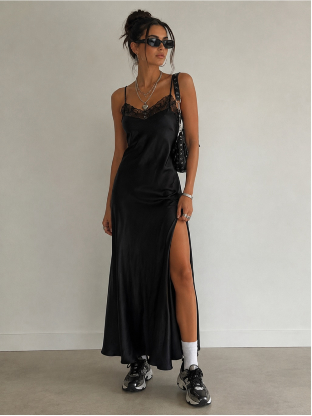 Vintage 90’s Grunge Donna Black Lace Trim Satin Maxi Slip Dress Streetwear